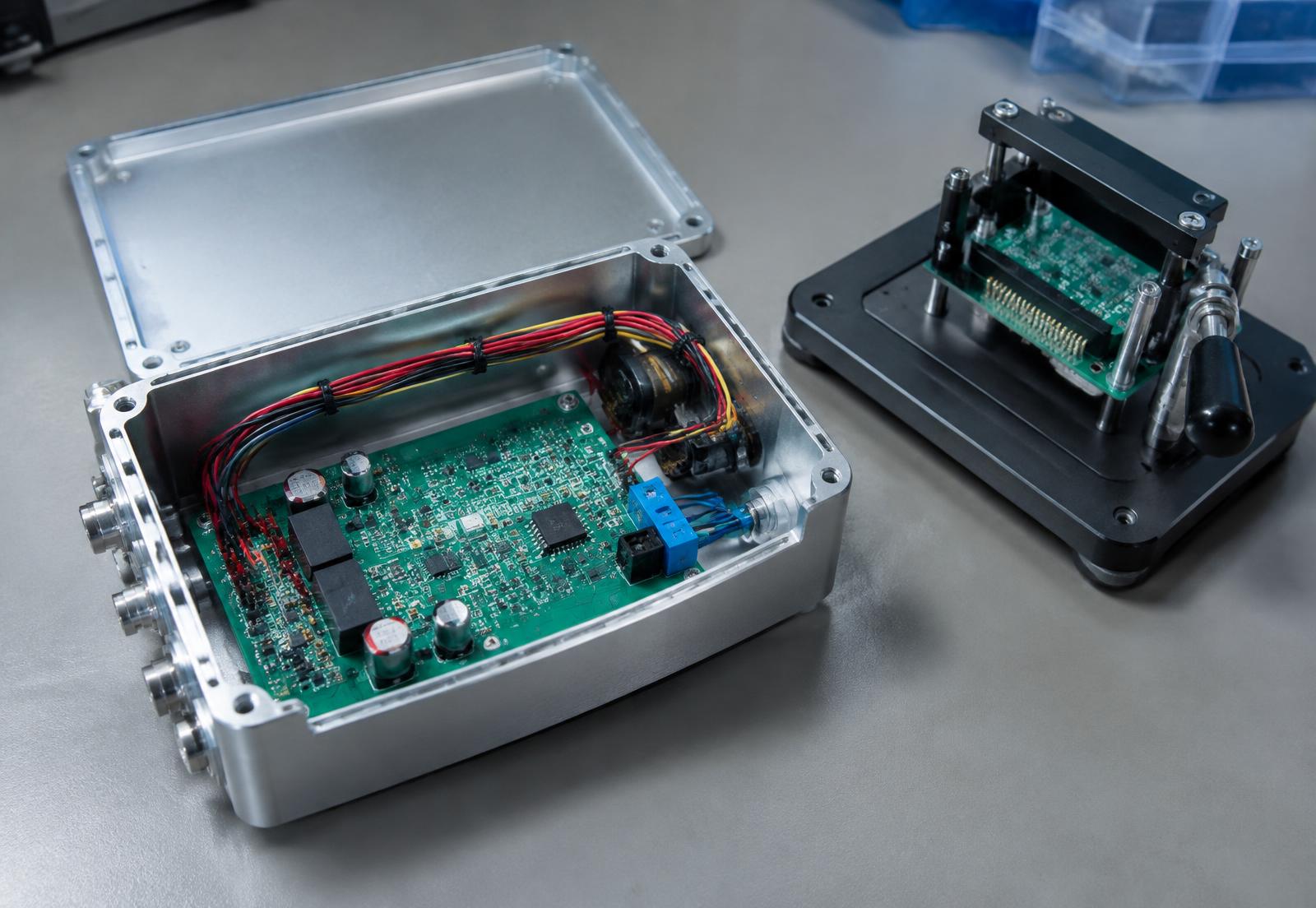 Assembled electronics in an enclosure next to a test fixture (illustrative)