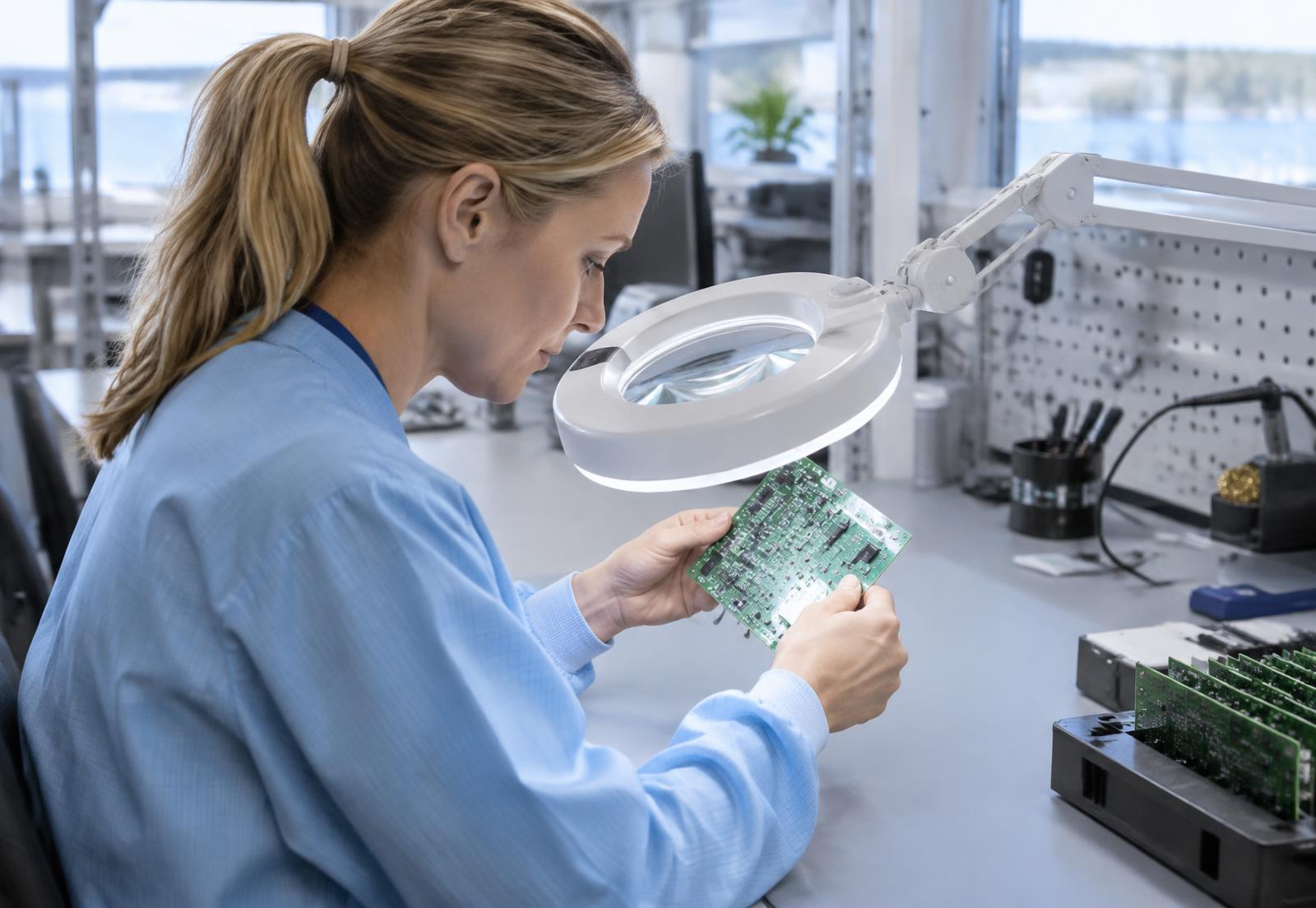 Technician inspecting an assembled circuit board (illustrative)